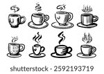 Set of a hot Cup of coffee. Hand drawn mugs with drink for shop or coffee packages with latte, cappuccino and espresso. Engraved brush or pen and ink simple 