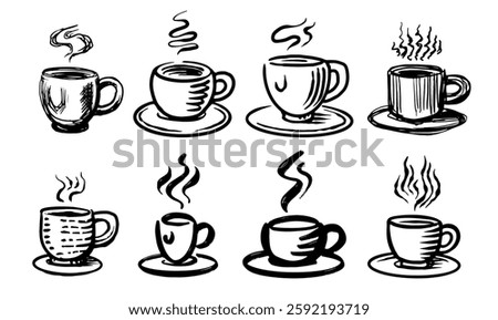 Set of a hot Cup of coffee. Hand drawn mugs with drink for shop or coffee packages with latte, cappuccino and espresso. Engraved brush or pen and ink simple 