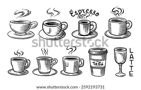 Set of a hot Cup of coffee. Hand drawn mugs with drink for shop or coffee packages with latte, cappuccino and espresso. Engraved brush or pen and ink simple 
