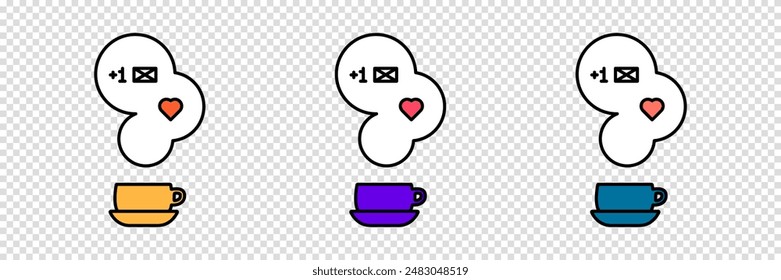 Set of hot cup of coffee or tea icons with steam and new message notification symbol. Vector clipart on a transparent background.