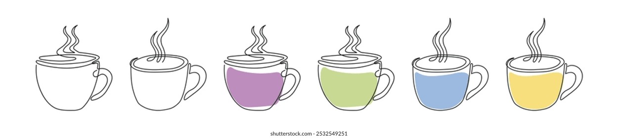 Set of hot cups with steam. Coffee or tea mugs Isolated on white background. Continuous one line drawing. Line Art. Concept of hot beverage, Morning drink, Minimalist Icon, Design Element, Print