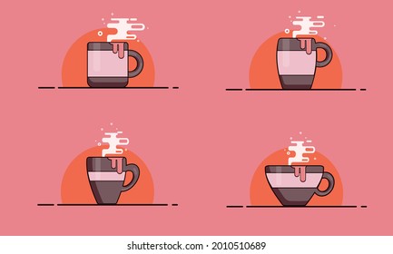 Set of hot cups of tea, coffee in different shapes. A cup in brown on the table