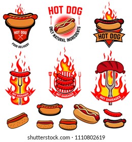 Set Of Hot Dog, Fried Sausages Emblems. Street Food Delivery. Design Element For Logo, Label, Emblem, Sign, Poster, Flyer, Menu, Banner. Vector Illustration