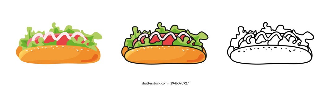 Set of hot dog illustration isolated on white background. Fast food. Junk street food. Hotdog icon for poster, banner, menu, brochure, web. Sandwich with mustard.  Vector illustration