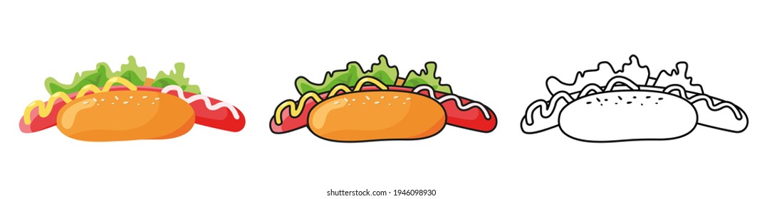 Set of hot dog illustration isolated on white background. Fast food. Junk street food. Hotdog icon for poster, banner, menu, brochure, web. Sandwich with mustard.  Vector illustration