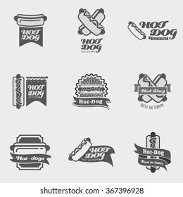 Set of Hot dog logo, labels templates or design elements.9 logos with hot dogs. Vintage design elements, logos, badges, label, icons and objects. Can be used for design menu, posters, flyers or cards