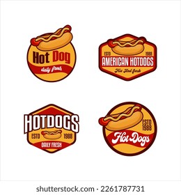 Set of Hot dog logo vector flat illustration or label. for sticker, emblem, badge Fast food, restaurant, takeaway icon. Lettering vector illustration, colorful illustration