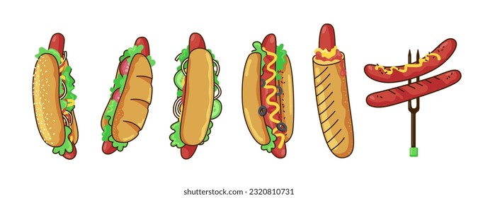 Set Hot dog with mustard. Frankfurter Würstchen. Unhealthy food. Fast food. Cartoon style sticker with outline. Vector illustration isolated