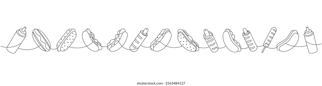 Set of hot dog one line continuous drawing. Hotdog, French hot dog, corn dog continuous one line illustration. Vector linear illustration.