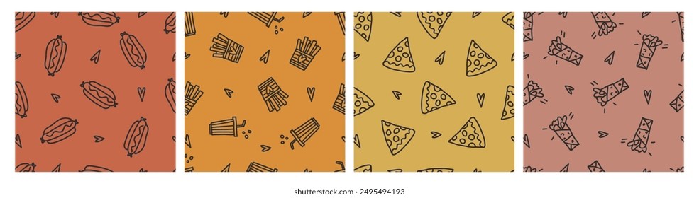 conjunto de hot dog, pizza, shawarma patrón sin fisuras. doodle Ilustración vectorial. Plantilla para cubiertas de cuaderno, patrón para Fondos de pantalla, para cafés, restaurantes de comida rápida. Arte vectorial dibujado a mano. comida chatarra