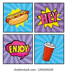 set hot dog with pop art messages and plastic soda cup