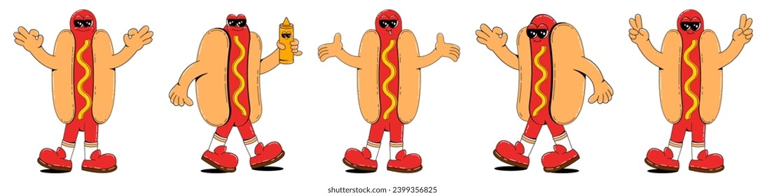 Set of hot dogs characters in retro cartoon style. Fast food mascot vector illustration.