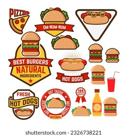 Set of hot dogs, hamburgers, tacos labels, badges and design elements