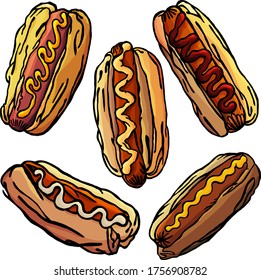 Set of hot dogs with ketchup and mustard, cartoon style isolated on white background,packaging, snack bar, cafe, dinner, students, food, food advertisement,rolls, sausages, ketchup, delicious, hot dog