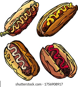 Set of hot dogs with ketchup and mustard, cartoon style isolated on white background,packaging, snack bar, cafe, dinner, students, food, food advertisement,rolls, sausages, ketchup, delicious, hot dog