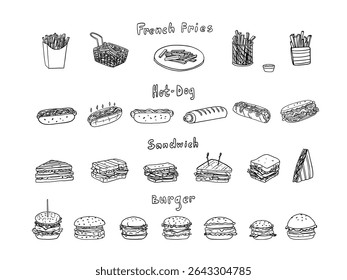 Set of hot dogs, sandwiches, cheeseburgers, hamburgers and french fries in doodle style. French hot dog. Fast food. Street food. Unhealthy food. Great for menu design. Hand drawn