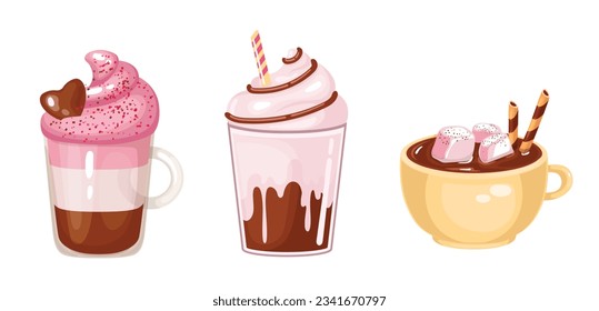 Set hot drink latte coffee with pink milk. Fashionable drink in the style of a doll of pink color milk.