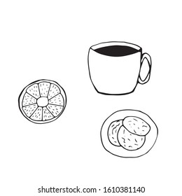 Set of hot drink, lemon slices and cookies