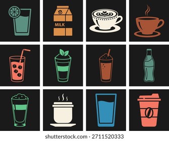 Conjunto de bebidas quentes e ícones de bebidas com chá de café chá bebida gelada e smoothie