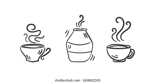 Set of hot drinks. Hot drinks coffee, cappuccino, espresso, latte, americano. Vector set of cups on a white background. Hand drawn doodle. Vector illustration, EPS 10.