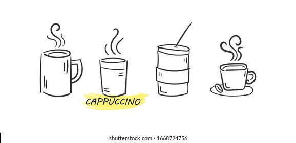 Set of hot drinks. Hot drinks coffee, cappuccino, espresso, latte, americano. Vector set of cups on a white background. Hand drawn doodle. Vector illustration, EPS 10.