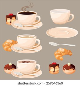 Set of hot drinks: coffee, cocoa and cappuccino with desserts 