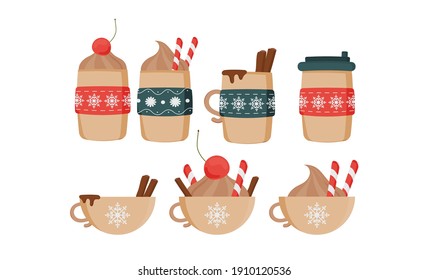 A set of hot drinks in cups with cinnamon, cherries and sweets. Flat style. Vector illustration.
