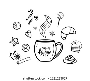 Set of hot drinks and desserts elements. Cup of Hygge. Coffee, tea, hot chocolate and dessert. Winter elements for greeting cards, posters, stickers, cafe interior, seasonal design. Isolated on white 