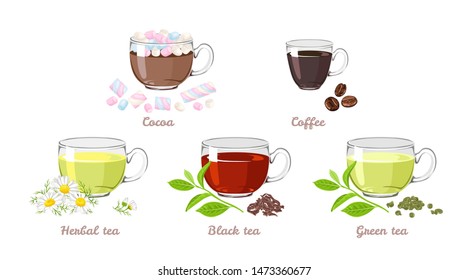 Set of hot drinks in glass cups isolated on white background. Vector illustration of cocoa with marshmallows, coffee, black and green tea, herbal chamomile tea in cartoon simple flat style.