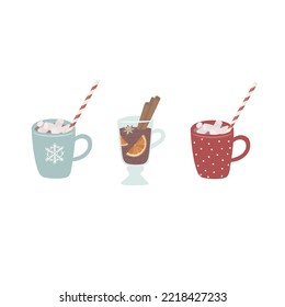 Set of hot Drinks with Marshmallow and Cinnamon. Vector.