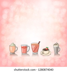 
set of hot drinks on bokeh background