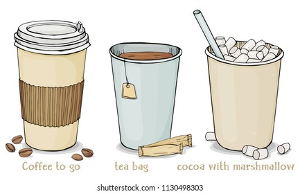 Set with hot drinks in paper cups to take away. Coffee, tea bags and cocoa with marshmallow. Colorful vector illustration on white background.