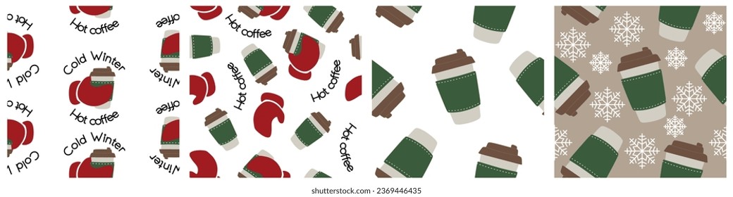 Set of Hot drinks seamless pattern. Collection of 4 different color backgrounds with Coffee, Chocolate or Capuccino. Vector Template for Winter and Autumn Advertisement, Poster, Placard.