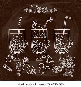 Set of hot drinks or tea. Stylized chalkboard drawing. 