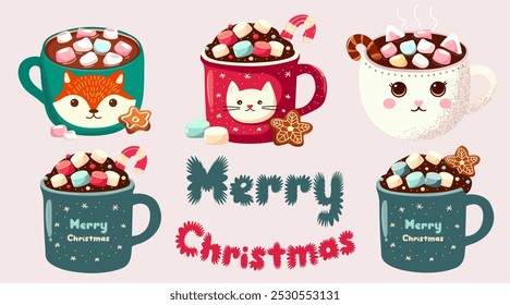 Set of hot drinks topped with marshmallow and gingerbread. Christmas hot chocolate marshmallow. Seasonal winter treats. Flat vector illustration.