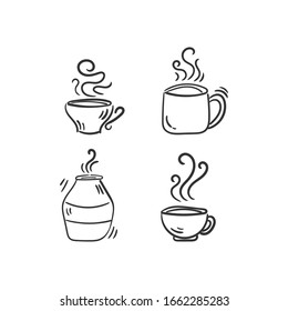 Set of hot drinks. Vector set of coffee cups on a white background. Hot drinks coffee, tea, cappuccino, espresso, latte, americano, hot chocolate. Hand drawn doodle. Vector illustration, EPS 10.