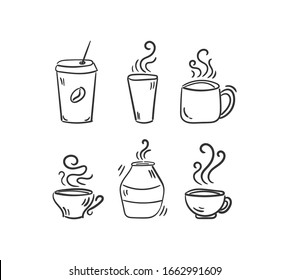 Set of hot drinks. Vector set of coffee cups on a white background. Hot drinks coffee, tea, cappuccino, espresso, latte, americano, hot chocolate. Hand drawn doodle. Vector illustration, EPS 10.