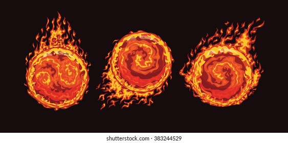 Set of hot fire balls on the speed in flame isolated on a black background. Vector illustration.