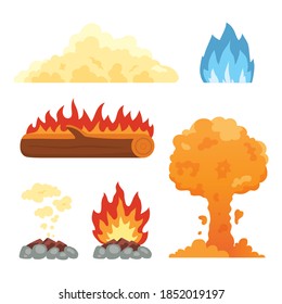 Set of hot flaming elements. Vector collection of fire flame icons in cartoon style. Flames of different shapes, forest fire, burning sheet of paper and flaming symbols.