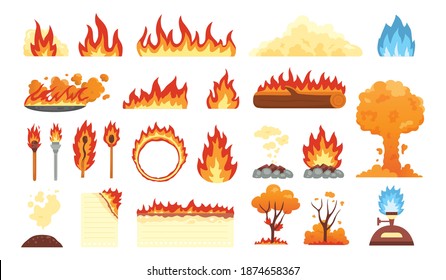 Set of hot flaming elements. Vector collection of fire flame icons in cartoon style. Flames of different shapes, forest fire, burning sheet of paper and flaming symbols.