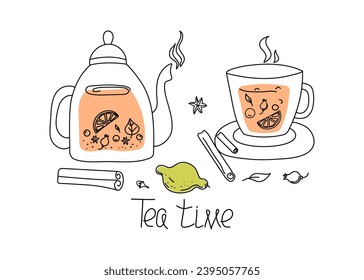 Set hot healthy tea drink. Mug and teapot. Drawings, lettering, doodles. Tea in a cup, teapot, spices, lemon. Winter season. Vector illustration of tea time icons for cafe and restaurant menu design.