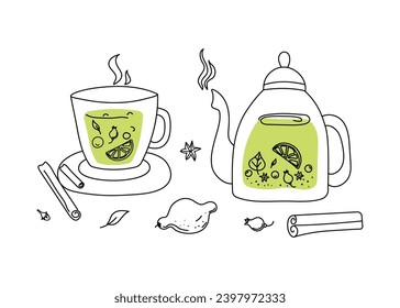 Set of hot healthy tea drink. Mug and teapot. Drawings, doodles. Tea in a cup, teapot, spices, lemon. Winter season. Vector illustration of tea time icons for cafe and restaurant menu design.
