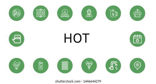 Set of hot icons such as Steak, Break, Wildfire, Firefighter, Coffee mug, Balloon, Shawarma, Bacon, Hot water, Holidays, Teapot, Summer , hot