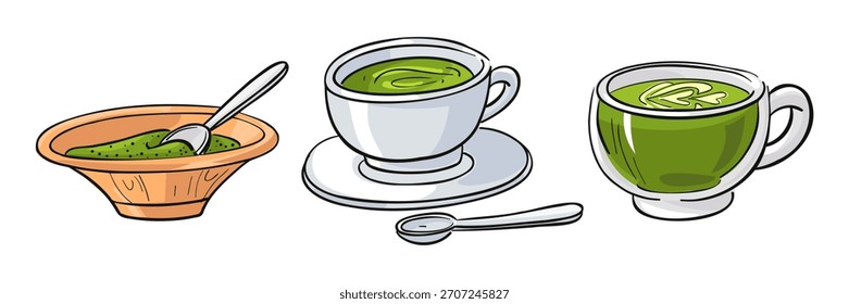 Coloque las bebidas matcha calientes servidas en tazas, cuencos y cucharas. Ilustración aislada colorida con contorno negro. Perfecto para menús de cafetería, marca de té, cocina tradicional japonesa, publicidad de bebidas saludables