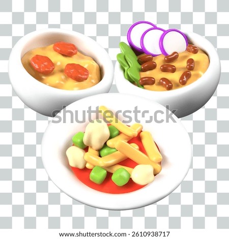 Set of hot Mexican dishes in 3D style. Spanish soups, vector composition