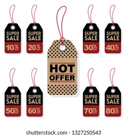 Set of hot offer tags. 10, 20, 30, 40, 50, 60, 70, 80, percent sale. Vector labels. Isolated from the background.