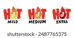 Set hot pepper strength scale. Indicator mild, medium, extra. Illustration spicy pepper with flame for sauce, food. Vector sign, logo, emblem, badge.