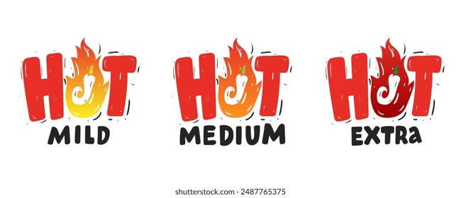 Set hot pepper strength scale. Indicator mild, medium, extra. Illustration spicy pepper with flame for sauce, food. Vector sign, logo, emblem, badge.