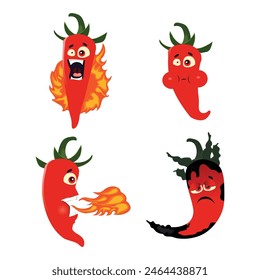 Set of hot peppers in cartoon style, vector illustration.