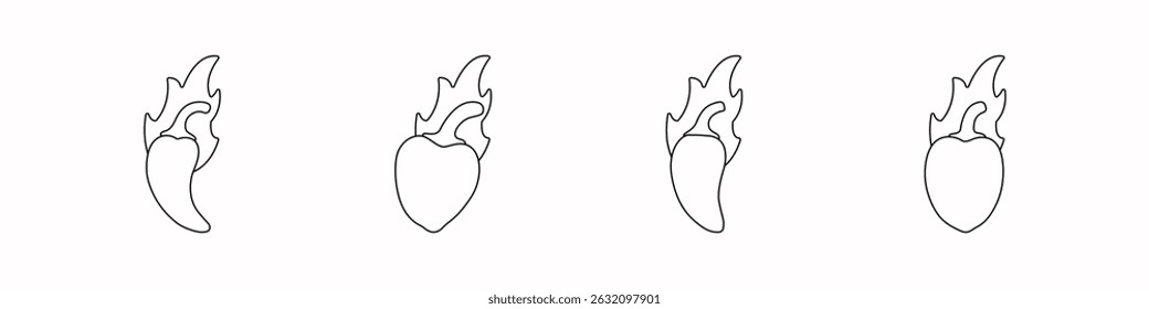 Set of hot peppers line vector. Vector icon set of hot fire peppers. Chili peppers, jalapeno, habanero, cayenne. Set of fruits vector. Vector illustration.